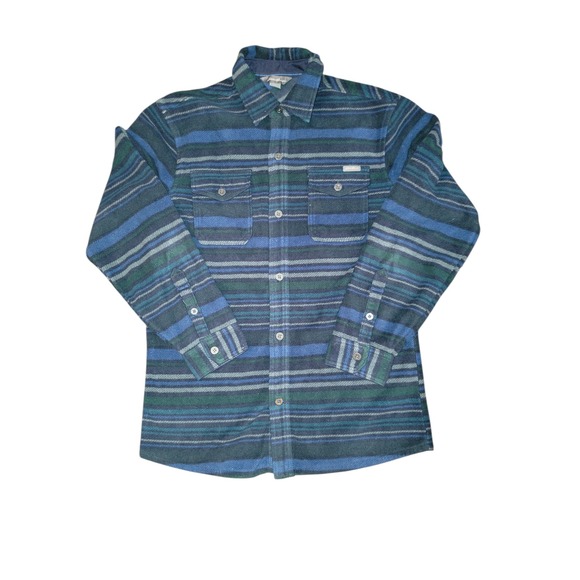 Eddie Bauer Mens Blue Green Striped Fleece Button Down Shirt Small Long Sleeve - Picture 3 of 7